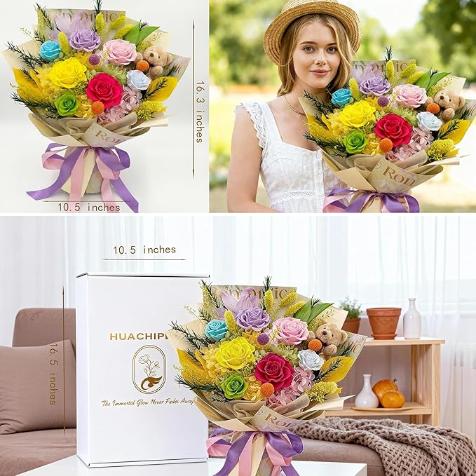 Preserved Bouquet with Bear: Big Flowers Big Love-Romantic Gifts for Her Wife Girlfriend Mom-Flowers for Delivery Prime on Christmas Valentines Day Anniversary Mothers Day (dopamine1)