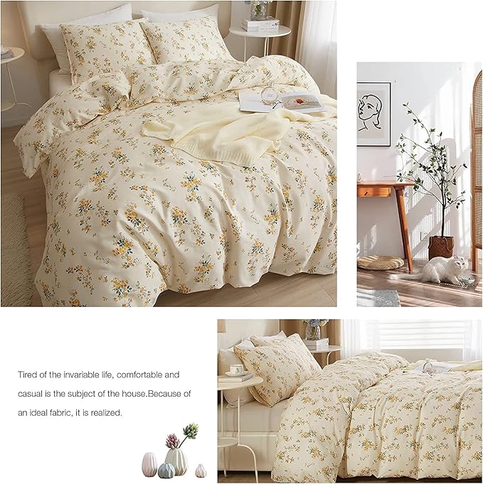 LifeTB Yellow Flower Duvet Cover Set Twin Girls Yellow Floral Duvet Cover Chic Garden Flower Bedding Sets Cotton Botanical Floral Duvet Comforter Cover 1 Twin Duvet Cover with 2 Pillow Shams