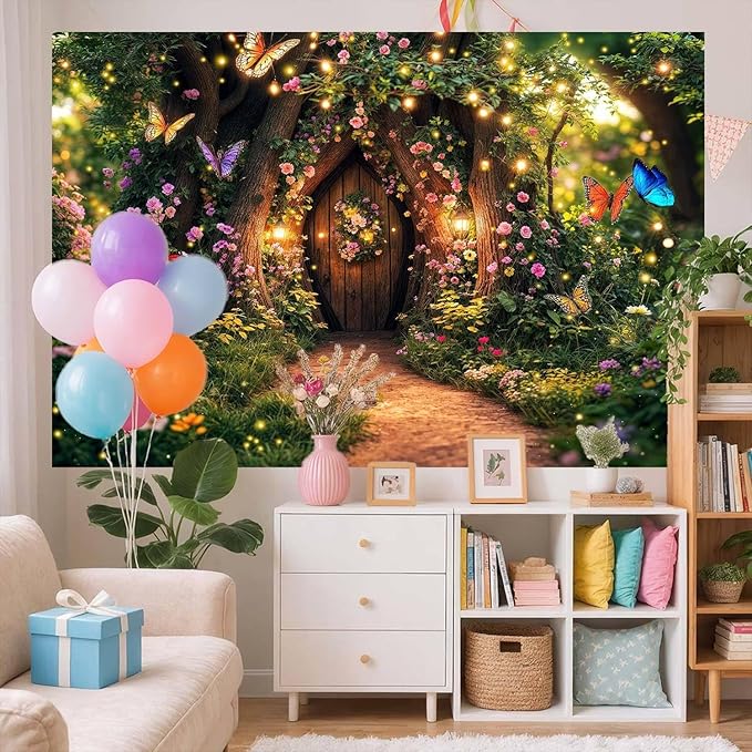 7X5ft Enchanted Forest Backdrop Fairy Tale Garden Wonderland Floral Butterfly Photography Background for Kids Girl Baby Shower Birthday Party Decoration Banner Cake Table Photo Booth Props