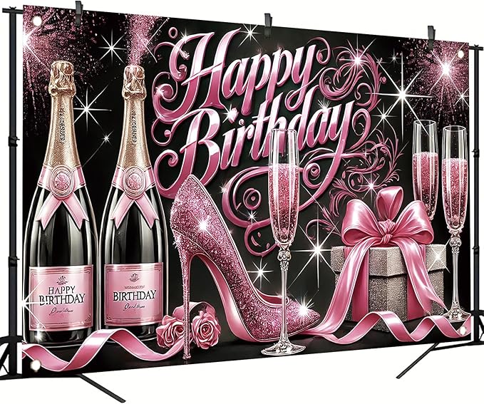 Happy Birthday Backdrop Banner Glitter High Heels Wine Glass Photography Background Poster for Women Girls Birthday Party Decorations Supplies 71 x 43 Inch