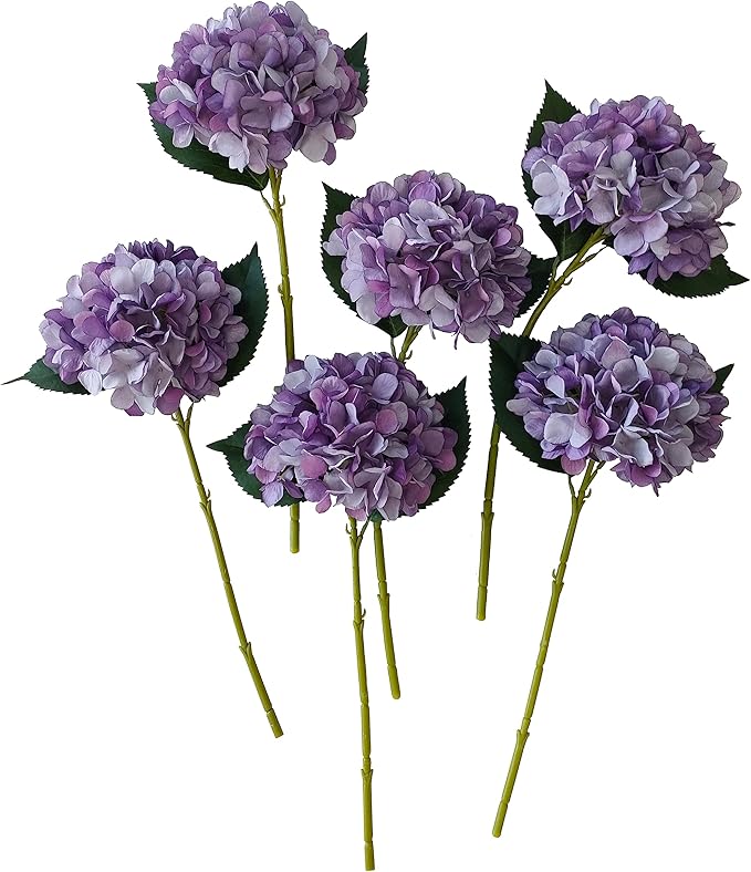 Purple Hydrangea Artificial Flowers,6 Pcs Faux Hydrangea Flowers,Artificial Hydrangeas Flowers with Stems,Fake Hydrangeas, Silk Hydrangea Flower with Stem (6, Eggplant Purple)