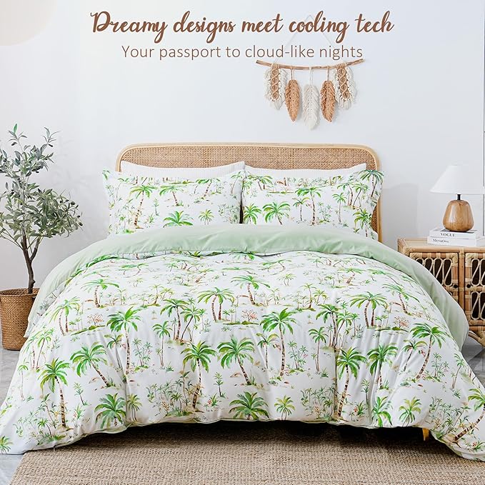 LONAVA King Tropical 3 Pcs Duvet Cover Set, Breathable Soft Microfiber Sage Green Lining Comforter Cover with Zipper Closure, and 2 Anti-Pilling, Fade Resistant Pillowcases, Summer Tree