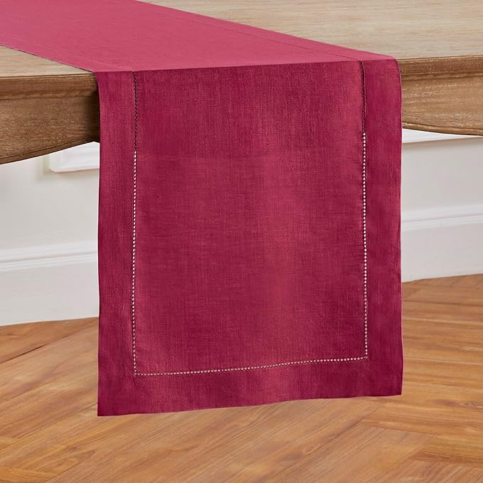 Solino Home Linen Table Runner 48 Inches - 100% Pure Linen Beet Hemstitch Table Runner 14 x 48 Inch Ideal for Dresser and Coffee Tables - Winter, Easter, Valentines - Classic Hemstitch