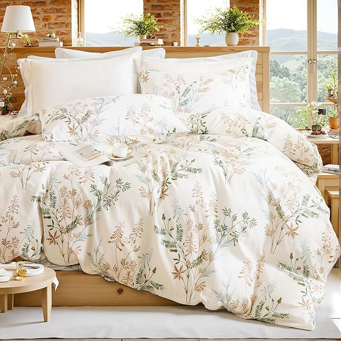100% Cotton Duvet Cover Queen Size Ultra Soft Green Floral Comforter Cover with Luxurious Tan & Green Leaves on White, Reversible Lightweight Floral Duvet Cover Sets
