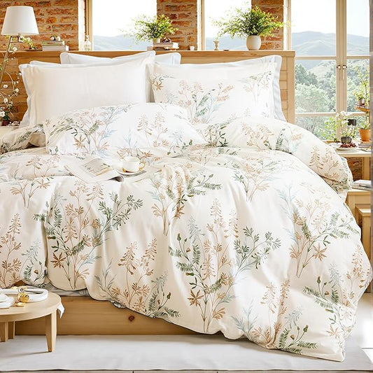 100% Cotton Duvet Cover Queen Size Ultra Soft Green Floral Comforter Cover with Luxurious Tan & Green Leaves on White, Reversible Lightweight Floral Duvet Cover Sets