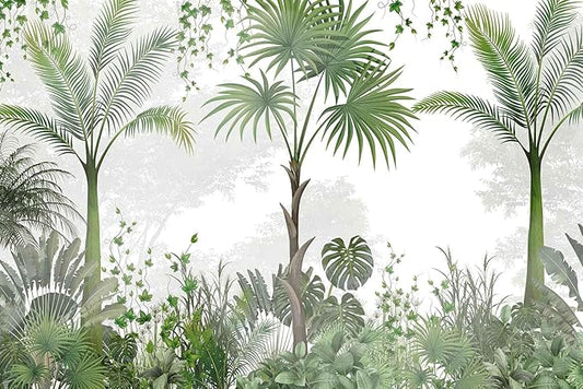 Woods Botanical Landscape Mural, Green Leafy Botanical Wallpaper, Suitable for Bedroom, Living Room, Bathroom Background Wall Decoration（Non-self-Adhesive）