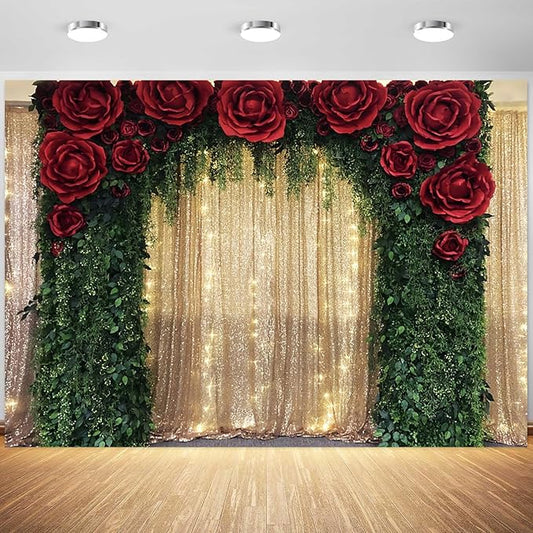 5x4ft Wedding Backdrop Red Rose Flowers Gold Sequin Wall Greenery Leaves Photography Background Bridal Wedding Party Banner Decorations Supplies Photo Booth Props