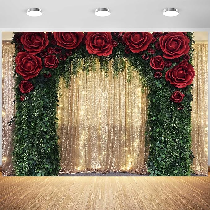 7x5ft Wedding Backdrop Red Rose Flowers Gold Sequin Wall Greenery Leaves Photography Background Bridal Wedding Party Banner Decorations Supplies Photo Booth Props