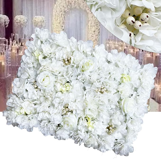 12pcs 24" x 16" Artificial Flower Wall Panel Background,3D White Plastic Hydrangea Rose Flowers Wall Backdrop for Wedding Party Event Photo Backdrop Wall Decor (White)