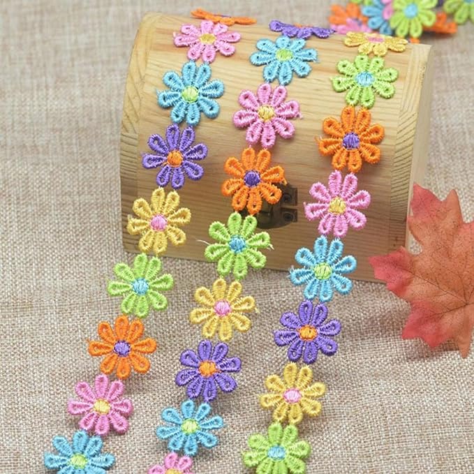 15 Yards Daisy Flower Lace Trim Embroidered Floral Lace Sewing Trim Ribbons for Embellishment Craft Dress Hair Accessories Decorations(Rainbow)