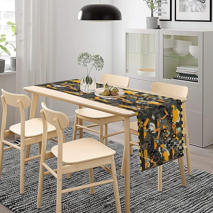 Cartoon Car Table Runner,Boy Kids Construction Yellow Tractor Excavator Tablecloth Burlap for Hotel Indoors Outdoor Dining Room Kitchen Home Decor,W13X L80 in