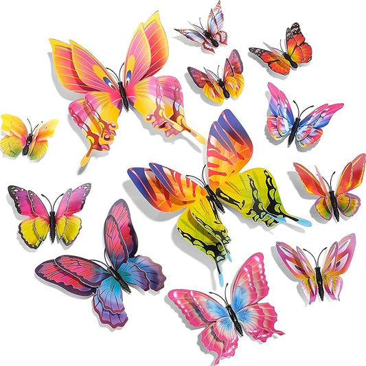 SAOROPEB 3D Butterfly Wall Decor, 24 Pcs Double Layer Butterfly Decorations for Party Decorations Locker Decor Refrigerator Decal, Reusable (Multicolor)