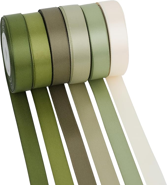 Sage Green Satin Ribbon - Moss Green, 1/2 Inch, 6 Rolls (60 Yards) for Wedding, Crafts & Gift Wrapping