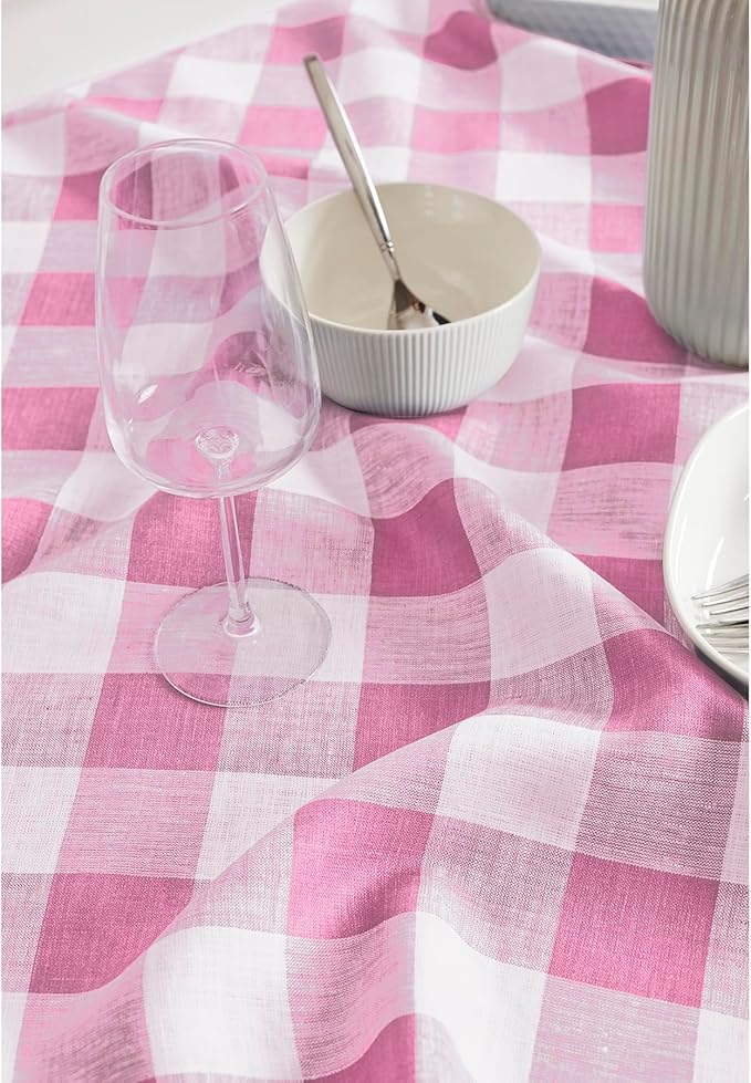 Solino Home Linen Checkered Table Runner 144 Inches Long - 100% Pure Linen Pink Begonia Buffalo Check Extra Long Table Runner 14 x 144 Inch Ideal for Dining, Valentines, Spring, Easter