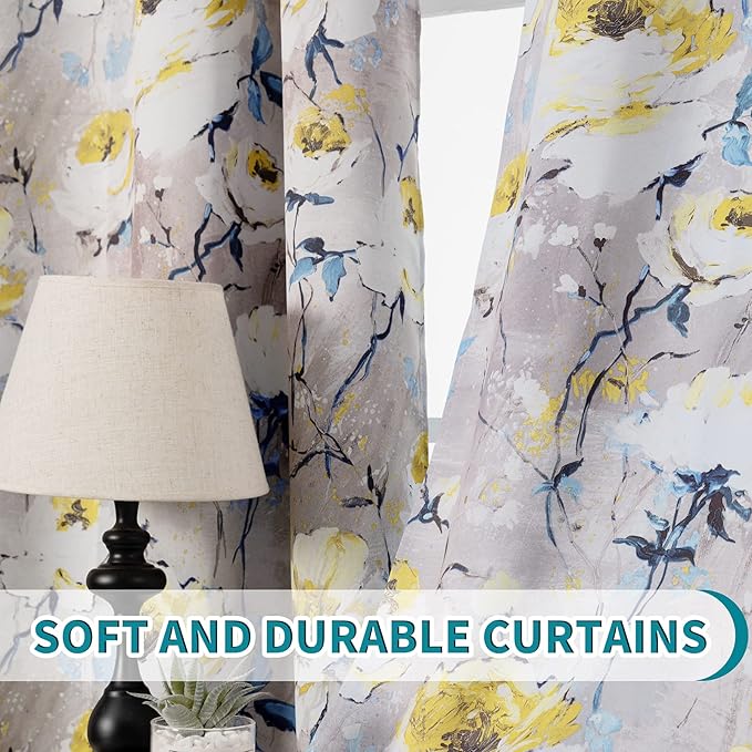 MYSKY HOME Floral Blackout Curtains for Living Room Vintage Floral Curtains Drapes 72 Inches Room Darkening Thermal Insulated Curtains Panels with Grommet, 2 Panels, 52 x 72 Inch, Grey and Yellow