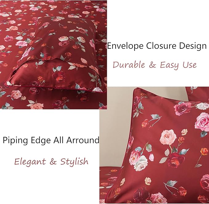 FADFAY Red Rose Sheets Twin XL Vintage Rose Floral Bedding Chic Rose Flower Sheets Shabby Farmhouse Bedding 100% Egyptian Cotton 800 Thread Count Deep Pocket Fitted Sheet 4Pcs, Twin XL for Dorm Room
