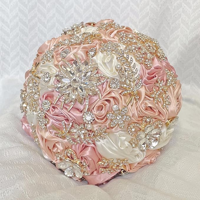 Handmade Satin Rose Floral Bling Pearl Decor Bridal Wedding Bouquet Rhinestone Pendant Artificial Brooch Flowers for Bride Bridesmaid Quinceanera