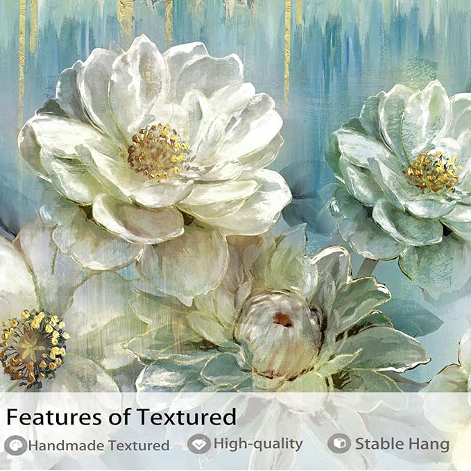 Ardemy Teal Canvas Wall Art Large Framed Magnolia White Floral Pictures Wall Decor Textured Painting Flowers Turquoise Artwork for Living Room Bedroom Dining Room Home Office, 58"x29"