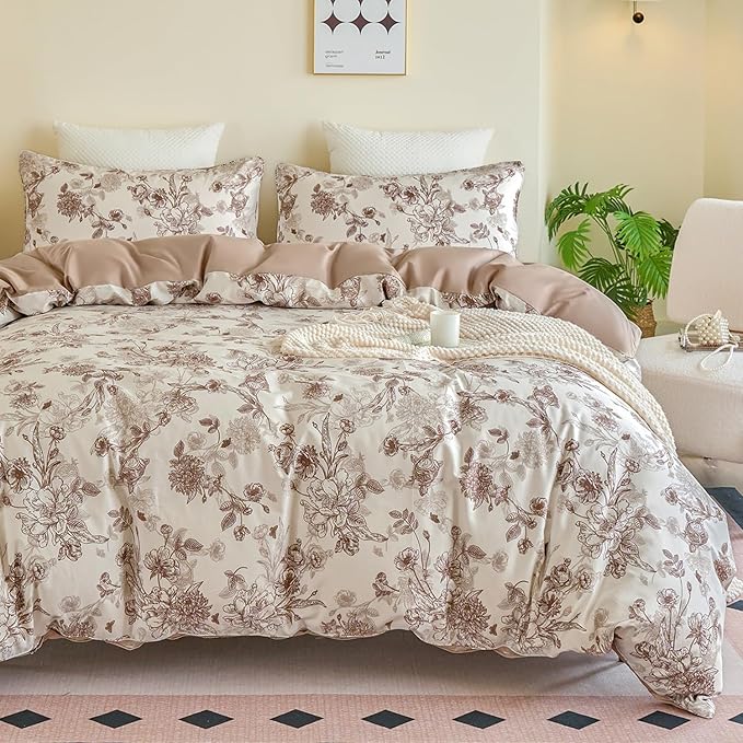 Brown Floral Duvet Cover Set 100% Percale Cotton King Size Shabby Vintage Toile Flower Printed Comforter Covers with Zipper, Soft & Breathable French Country Bedding 3Pcs-Not Comforter