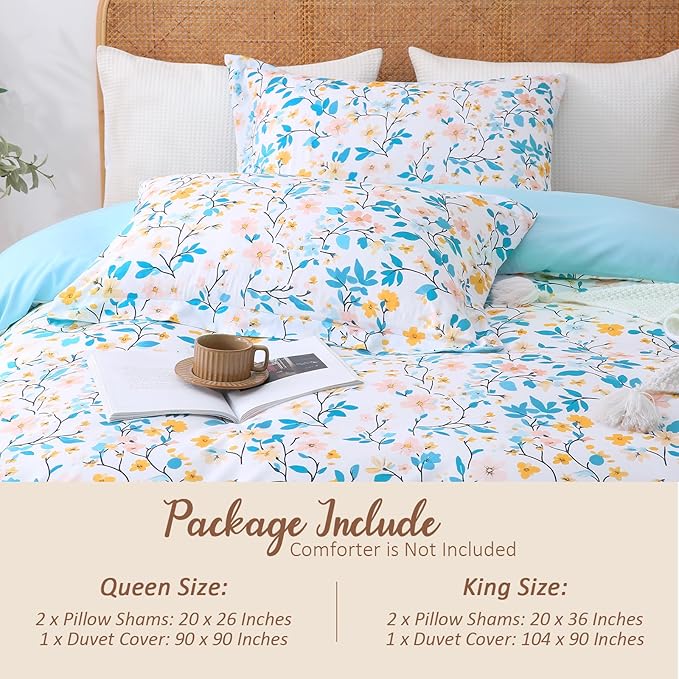 LONAVA Queen Botaincal 3 Pcs Duvet Cover Set, Breathable Soft Microfiber Sky Blue Lining Comforter Cover with Zipper Closure, and 2 Anti-Pilling, Fade Resistant Pillowcases, Sky Blue Flower