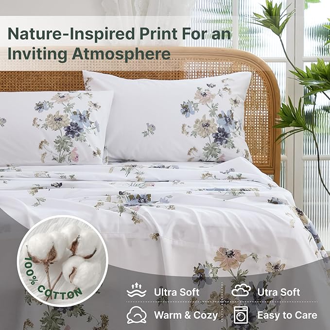100% Cotton Sheet Set King Size – 4-Piece Vintage Floral Chic Bedding Set, Soft Breathable Percale Weave, Deep Pocket Fitted Sheet 17.5", Crisp Cool Feel, Refined Botanical Elegance