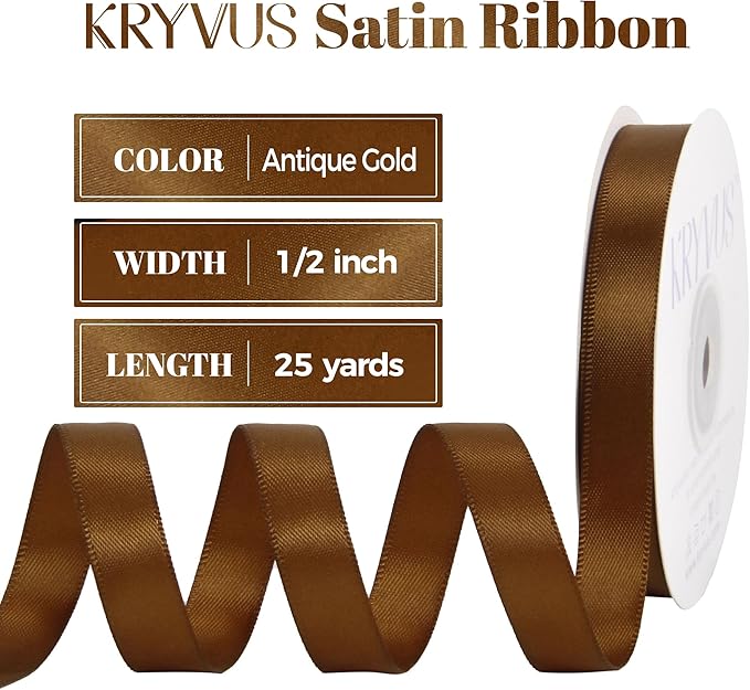 Antique Gold Satin Ribbon, Double Faced 1/2 Inch X 25 Yards Antique Gold Ribbon, Premium Satin Ribbons for Gift Wrapping, Crafts, Hair Bow Making, Sewing, Flower Bouquet, Wedding Party Decor