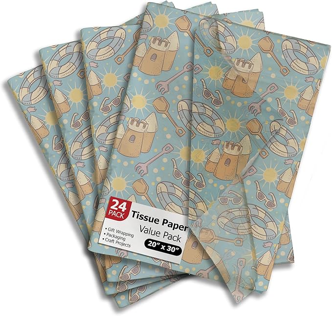 Pro Supply Global Beach Fun Printed Tissue Paper for Gift Bags or Boxes and Wrapping - Summer Bulk Decorative Art Tissue Paper for Packaging and Gifting | 24 Sheets 20" x 30"