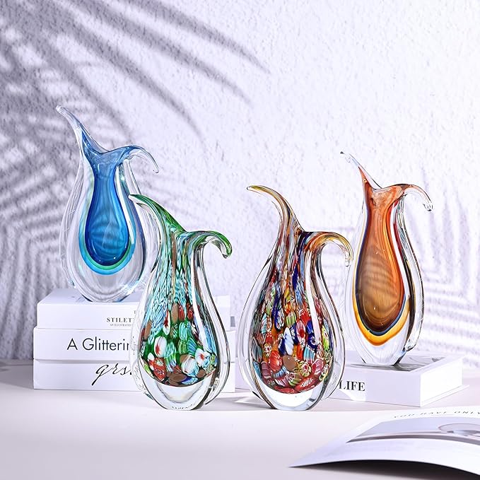 Green Hand Blown Glass Vase – Oval Decorative Art Glass for Centerpieces, Murano Inspired Decor for Dining Room, Entryway Table, or Shelf, Handmade Glass Vase for Home Display (Teal Green)