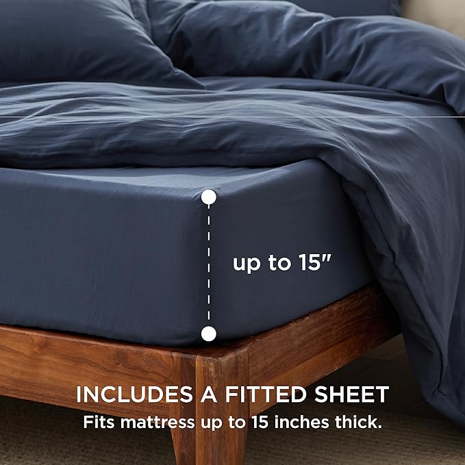 Bedsure Duvet Cover King Size with Fitted Sheet - 4 Pieces Prewashed Cotton-Like Extra Soft Bedding Set, Includes 1 Duvet Cover 104x90 Inches with Zipper Closure, 2 Pillow Shams, 1 Fitted Sheet, Navy