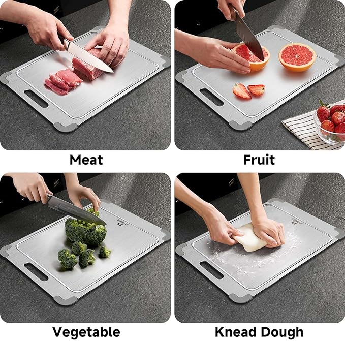 100% Pure Titanium Cutting Board with Grooves, Update Double Side Titanium Chopping Board, Silicone Anti-slip Stainless Cutting Boards for Kitchen 9 * 13 IN, Grey