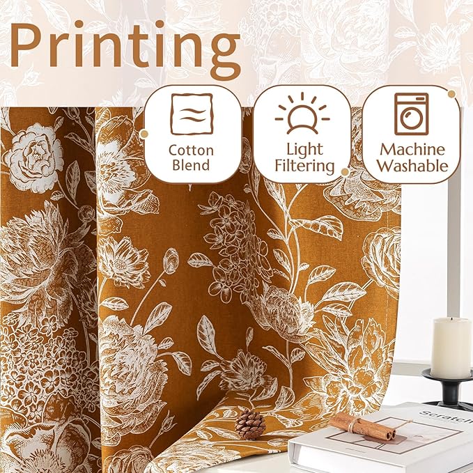 Vintage Orange Peony Floral Blackout Curtains - Cotton Blend Light Blocking Drapes with Grommet Top for Bedroom, Living Room & Office, Boho Home Decor, 52W x 63L