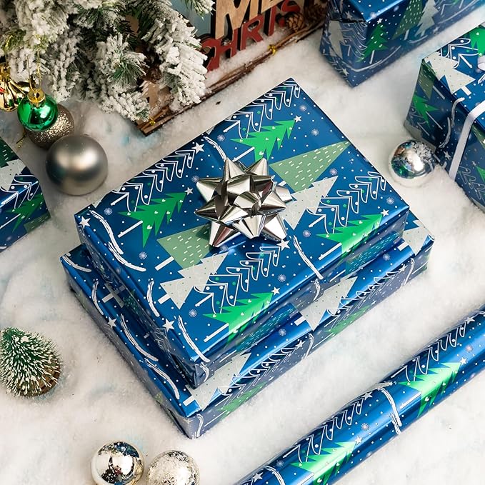 MAYPLUSS Christmas Tree Wrapping Paper Roll - 17 Inch X 33 Feet - Shine Metallic Navy Blue Elegant Christmas Tree Snow Winter Gift Wrap Paper Sheet for Holiday, Hanukkah, Festive Decoration