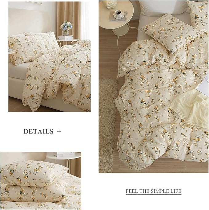 HighBuy 3 Pieces Duvet Covers Queen Size Yellow Floral Duvet Cover Set,Ultra Soft Cotton Bedding Set Botanical Printed Soft Aesthetic Bed Cover with Zipper Closure 4 Ties All Season