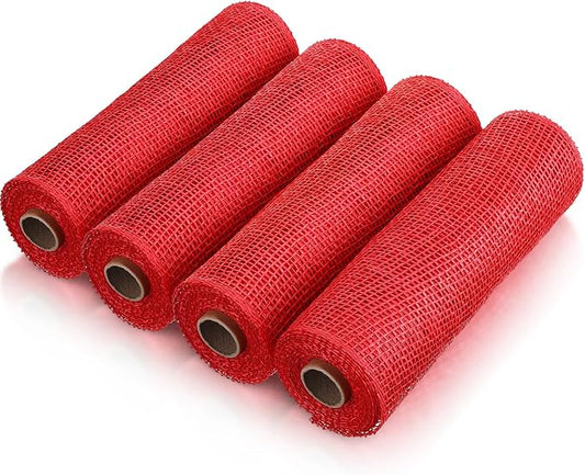Chuangdi 4 Rolls Poly Burlap Mesh Poly Burlap Deco Ribbon Mesh Roll for Christmas Spring Summer Easter 4th of July DIY Flower Wreath Garland, 10 Inch(Red)