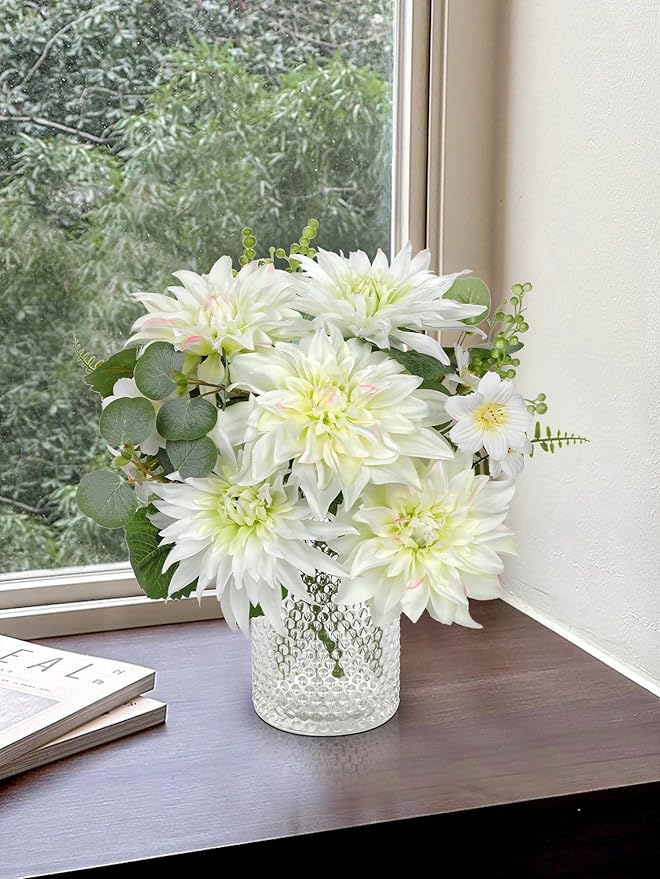 Dahlia Artificial Flowers 18PCS Fake White Flowers Realistic Dahlia Daisies Silk Flower Arrangements Faux Flowers for Vase Floral Centerpiece Arrangements Wedding DIY Bridal Bouquet Party Home Decor