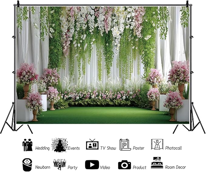 Baocicco Flowers Wedding Backdrops 10x8ft Green White Pink Floral Engagement Background Bridal Shower Backdrop Proposal Wedding Party Decoration Backdrop Valentines Day Banner Supplies