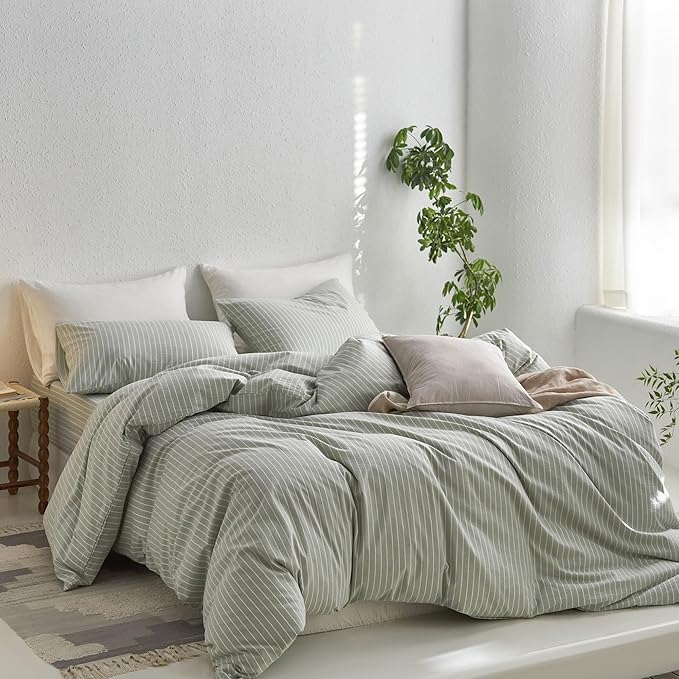 MooMee Striped Duvet Cover Set 100% Washed Cotton Linen Like Textured Breathable Durable Soft Comfy (Sage Green White Wide Stripes, Palatial King/Oversized King 120"x98")