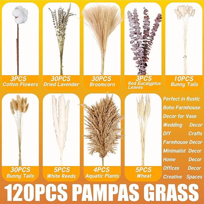 120Pcs Natural Dried Cotton Flower Bouquet - 17'' Boho Pampas Grass, Lavender, Cotton Stems, Bunny Tails, Eucalyptus & Wheat - Rustic Boho Farmhouse Decor for Vase, Wedding, DIY Crafts