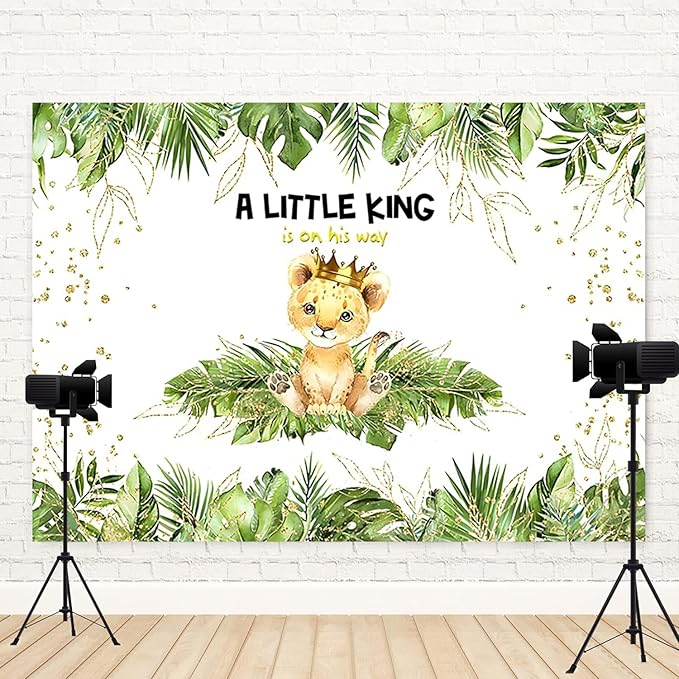 10x8ft Baby Shower Backdrop A Little King is On His Way Photography Background Lion Crown Jungle Forest Green Leaf Kid Birthday Party Banner Decorations Newborn Portrait Photo Booth Prop