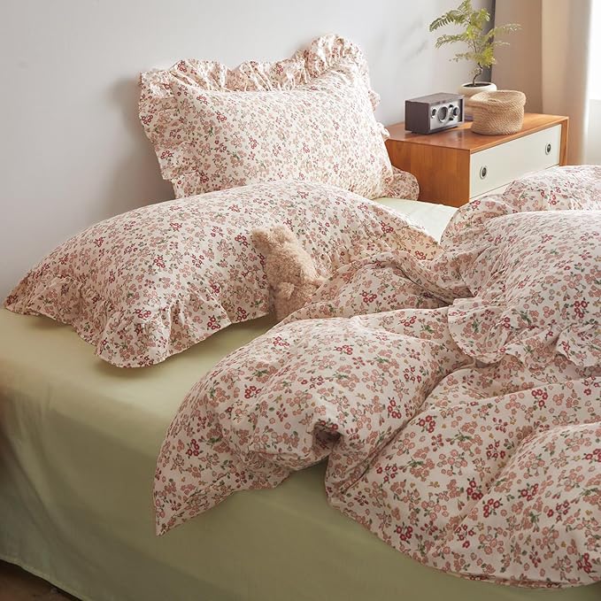 Girls Duvet Cover Pink Red Flower Duvet Cover 100% Cotton Floral Comforter Cover Vintage Boho Floral Bedding Set Queen Botanical Cottagecore Comforter Cover Queen Duvet Cover with Ruffle Pillowcases