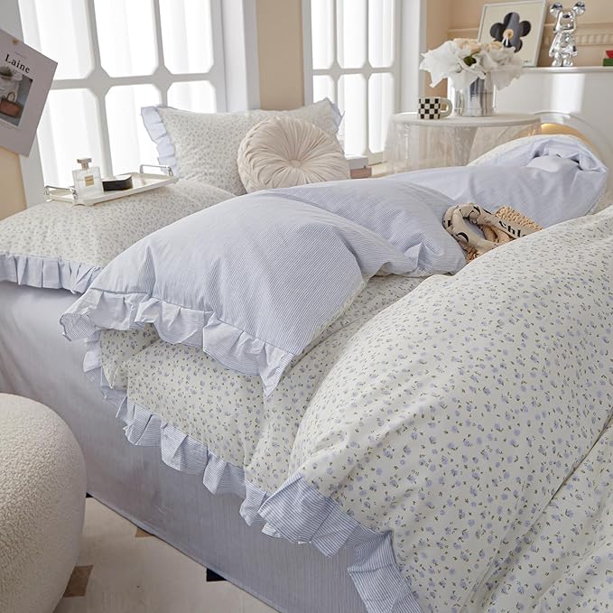 Garden Style Lace Duvet Cover Cute Blue Flower Print Ruffle Duvet Cover Twin Cotton Blue Striped Girls Floral Comforter Cover Lace Princess Bedding Set Vintage Floral Bedding Duvet Cover with Zipper