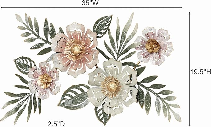 Floral Sway Wall Art Sculpture | Flower Blossoms | Bloom Metal Wall Art Decor | Hanging Wall Decor | Leaf | Pastel Pink Ivory Gold | Horizontal Vertical Nature | Handpainted | Dimensional Home Accent