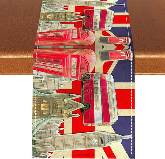 British Table Runner, Seasonal Vintage Buildings England London Culture Element Coffee Table Center Decor for Home Kitchen Dining Patio Holiday Party Table Decorations 13x90 inches