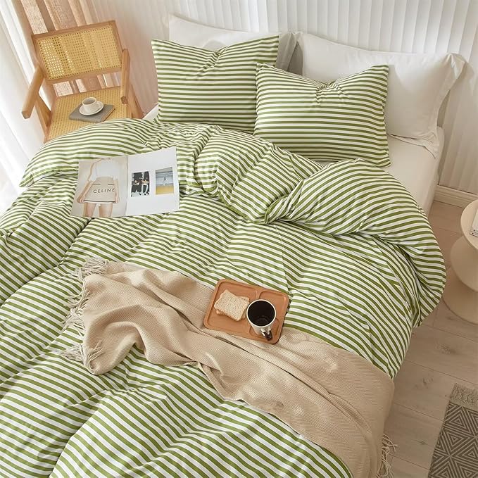 LifeTB King Size Comforter Set Modern Striped Comforter Set King Green White Stripes Pattern Comforter 3 Pieces Lightweight Bedding Comforter Set Boho Stripe Soft Fluffy Comforter with 2 Pillowcases