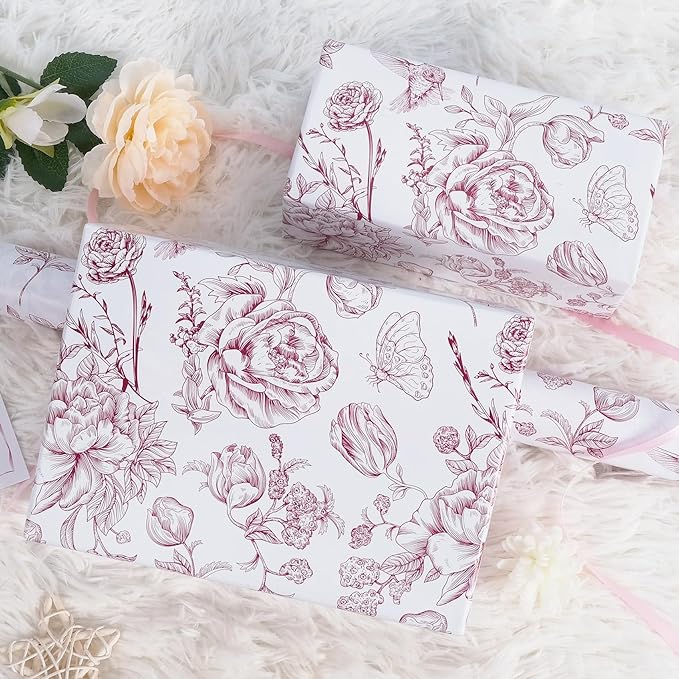 RayofSun Wine Red Floral Wrapping Paper Roll 17 in x 32 ft Mini Roll Vintage Toile Flower Gift Wrap Paper for All Occasion Wedding Birthday Bridal Shower Party Baby Shower Christmas