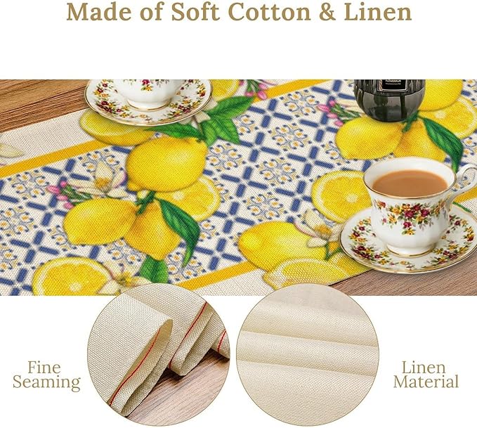 Lemon Table Runner ,Summer Blue Tiles Lemons Kitchen Dining Table Decoration Lemons Table Cover for Indoor Outdoor Home Party Decor, 13 x60 in