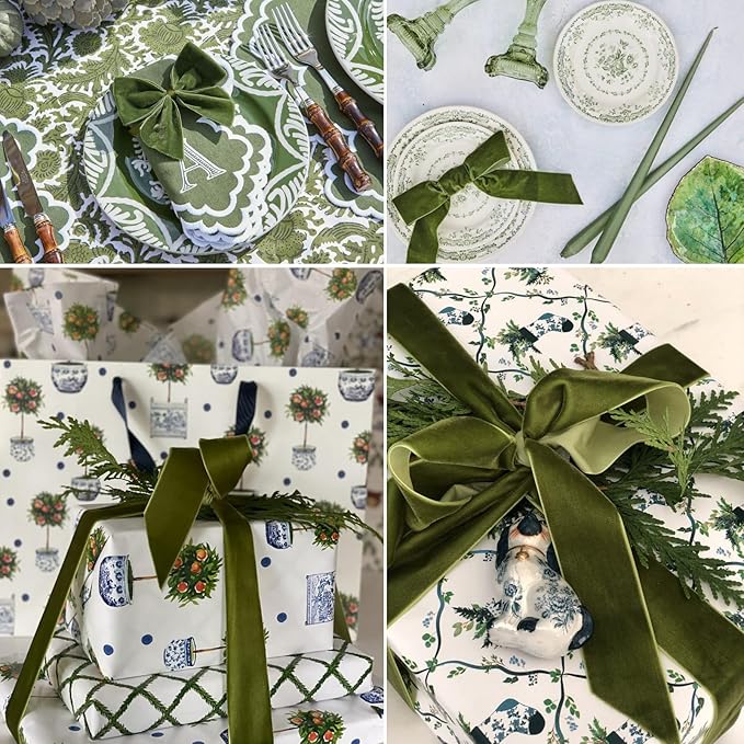 Olive Green Velvet Ribbon 5/8 Inches x 5 Yards for Gift Wrapping, Crafts, Christmas Tree, Wreath, Bow Making, Vintage Fabric on The Spool for DIY