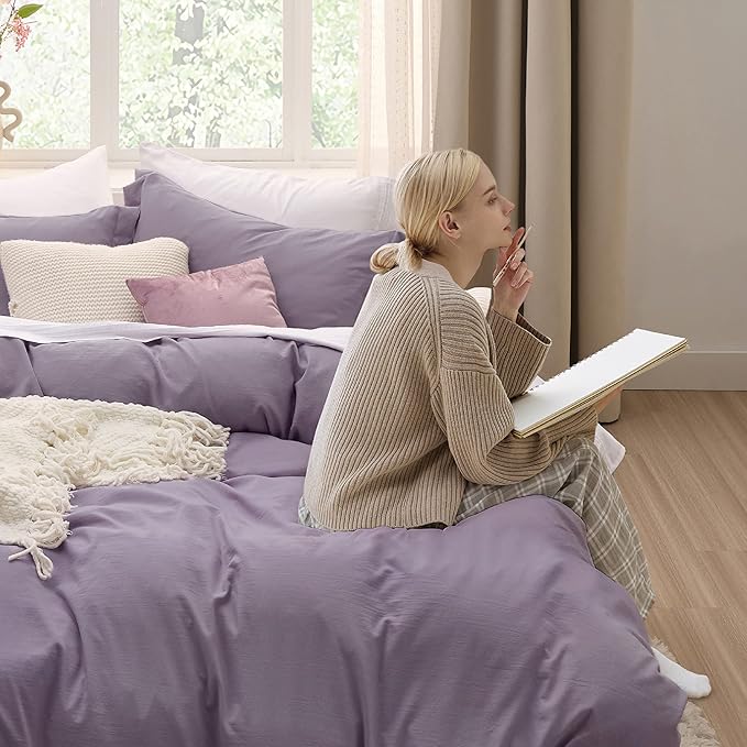 Bedsure Grayish Purple Duvet Cover Full Size - 3 Pieces Prewashed Extra Soft Cotton-Like Bedding Set, Includes 1 Duvet Cover 80x90 Inches with Zipper Closure & 2 Pillow Shams, Comforter Not Included