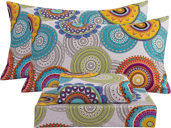 Bedlifes Queen Sheet Set Ultra Soft, Breathable, Silky Flower Deep Pocket 100% Microfiber Bedding, 4 Piece Queen Size Mandala Patterned