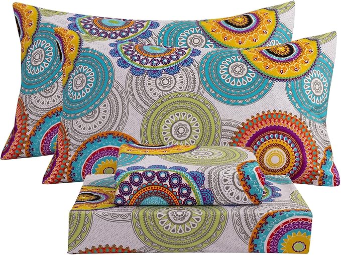 Bedlifes King Sheet Set Ultra Soft, Breathable, Silky Flower Deep Pocket 100% Microfiber Bedding, 4 Piece King Size Mandala Patterned